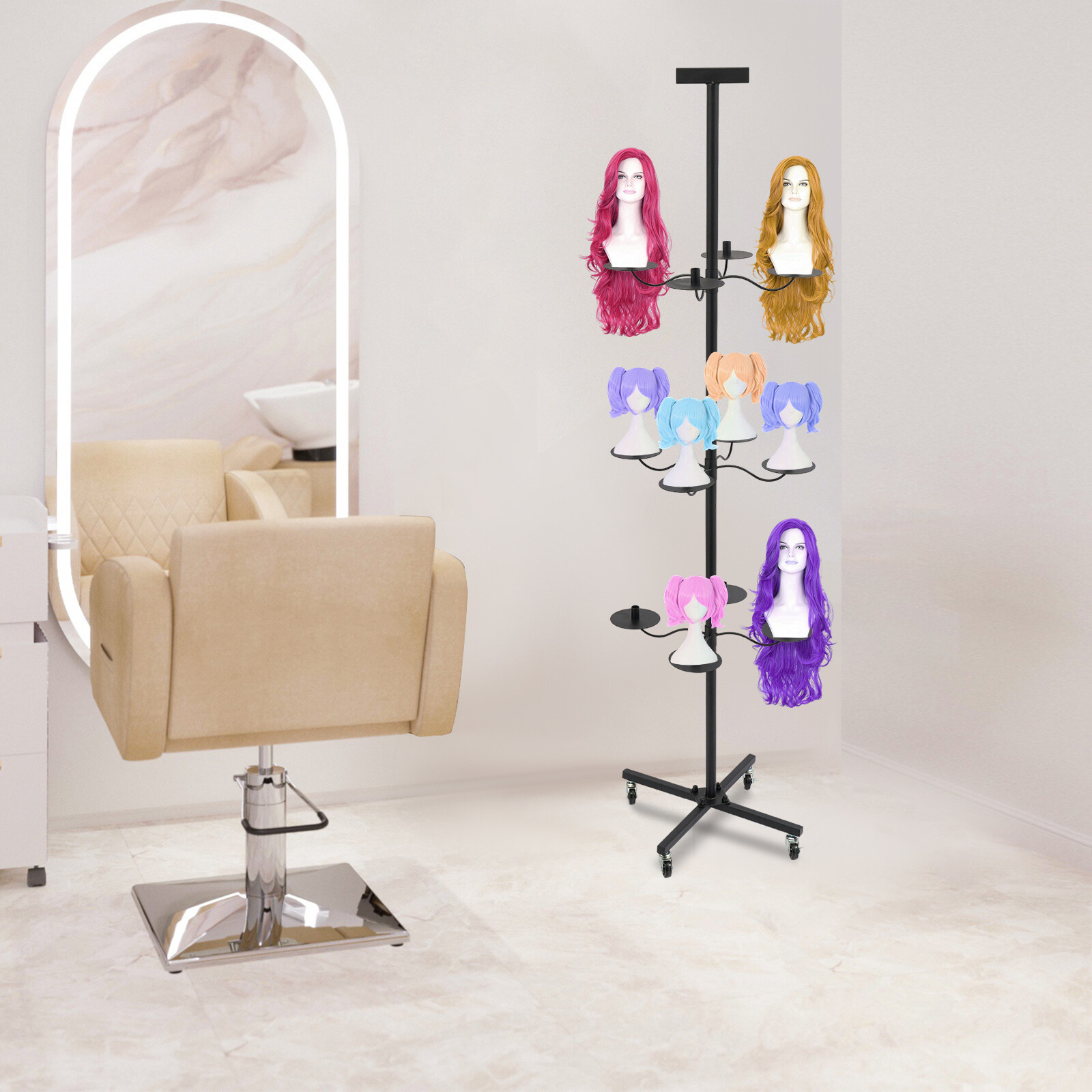 Wig Display&Storage Rack For 12-head Wig Stand W/wheel Styling Wig Storage Black