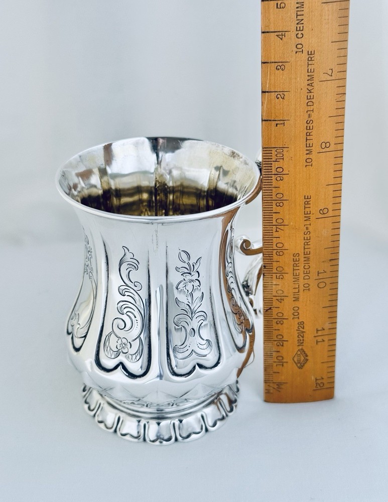 Antique Victorian Solid Sterling Silver Mug Scroll Handle Sheffield 1850