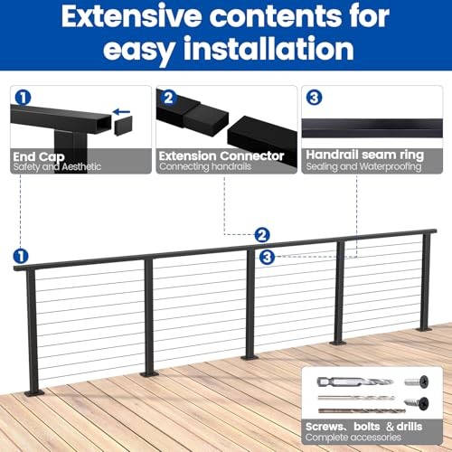 6'6" Black Cable Railing Handrail Rectangular Stainless Steel Handrail for