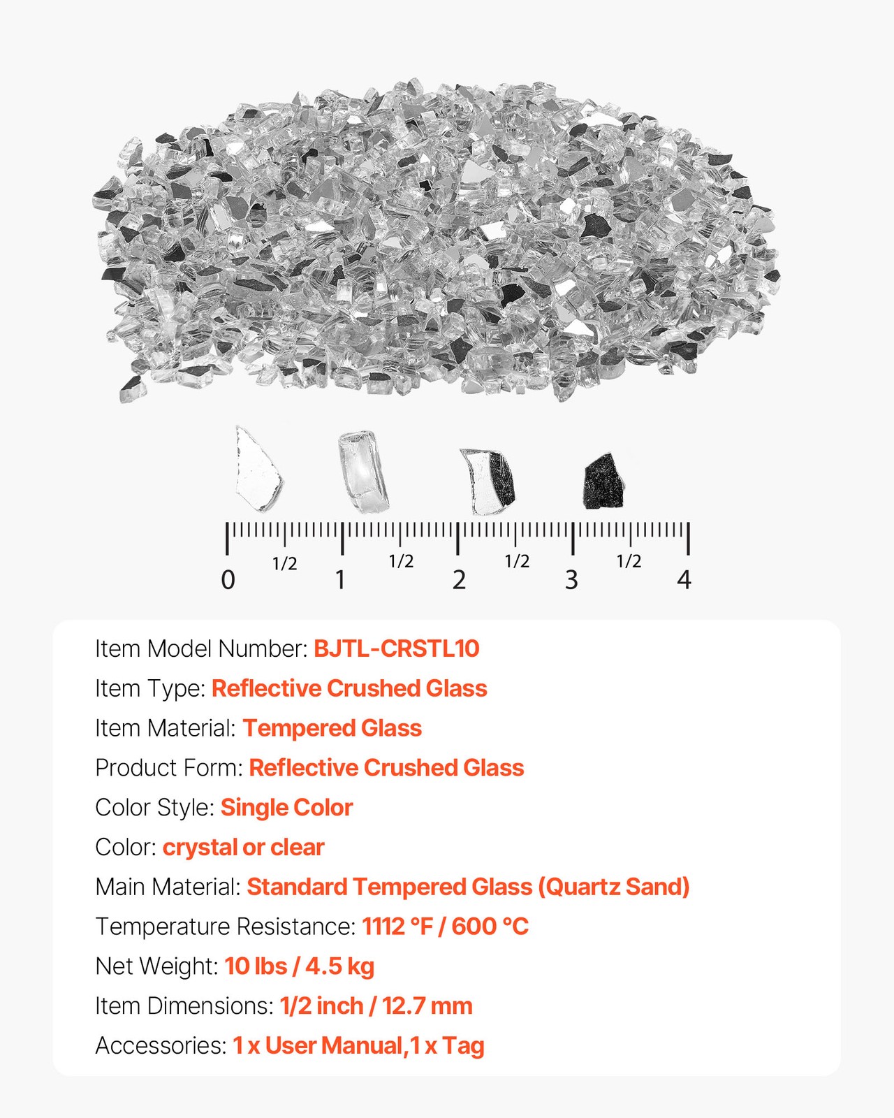 VEVOR 10 LBS Fire Glass 1/2-Inch Fireplace Glass Rocks for Fire Pit Table Clear