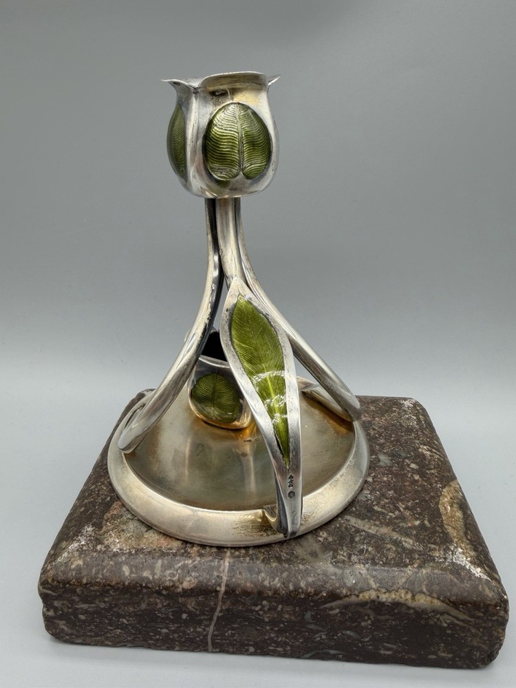 Austrian Art Nouveau Silver and Enamel Candlestick by Georg Adam Scheid, ca 1900