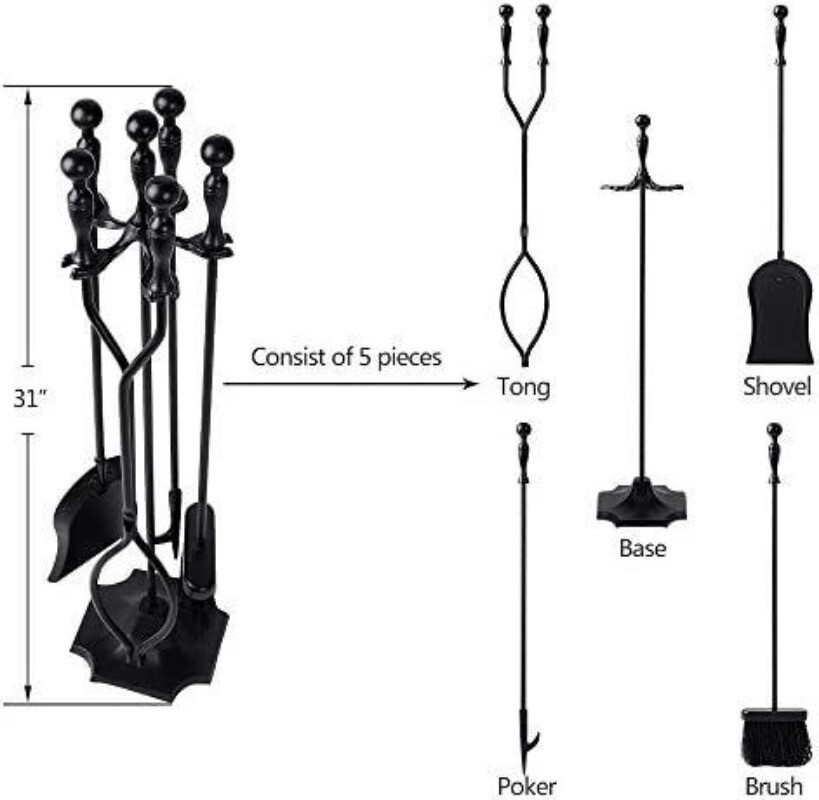 5 Pcs Fireplace Tools Sets Handle Wrought Iron Large Fire Tool Set and Holder