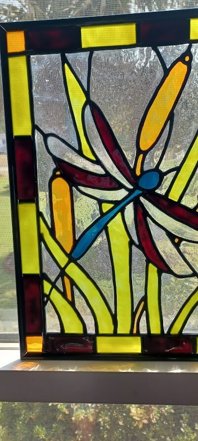 Dragonfly Stained Glass Window Panel Hand Painted