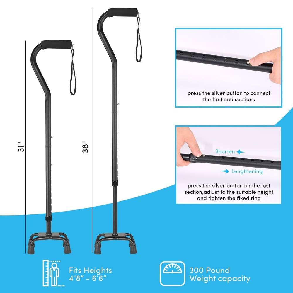 Adjustable Walking Cane, 4-Prong Base, Foldable, Foam Offset Handle, 3 Tips