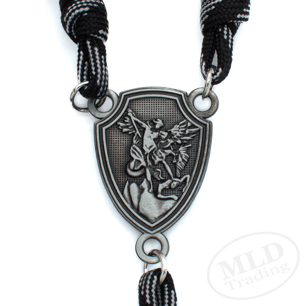 Saint St Michael Black Rosary Necklace – Large Paracord Wood Beads Design 26"