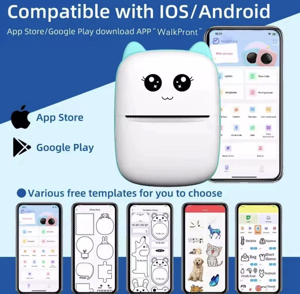 Mini Cat Thermal Printer Bluetooth – Photos, Labels, Notes – iOS/Android