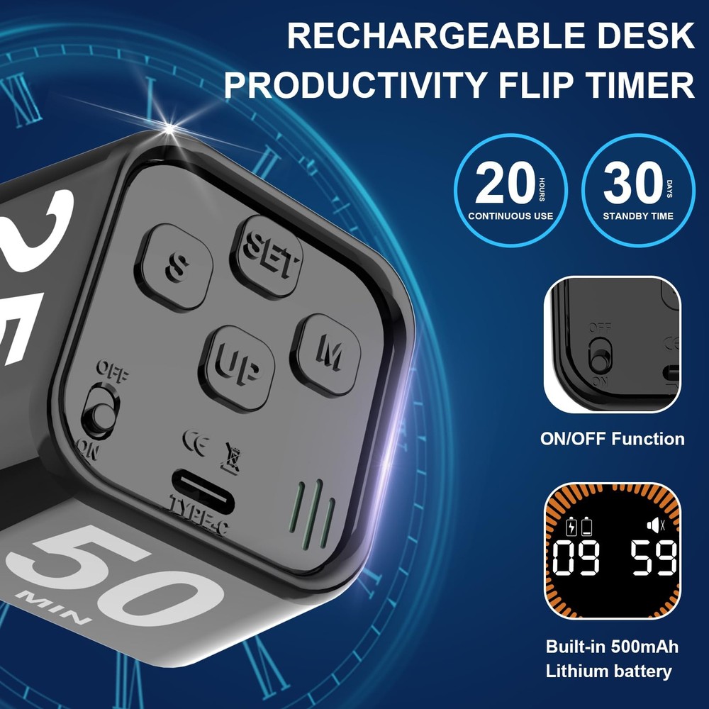 MOSTRUST Rotating Cube Pomodoro Timer 5, 25, 10, 50 Min Preset + Custom Count...