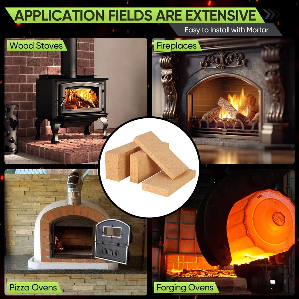 4-Pack High Temp Firebricks 3000°F Insulating 9x4.5x2.5Fireclay Refractory Brick
