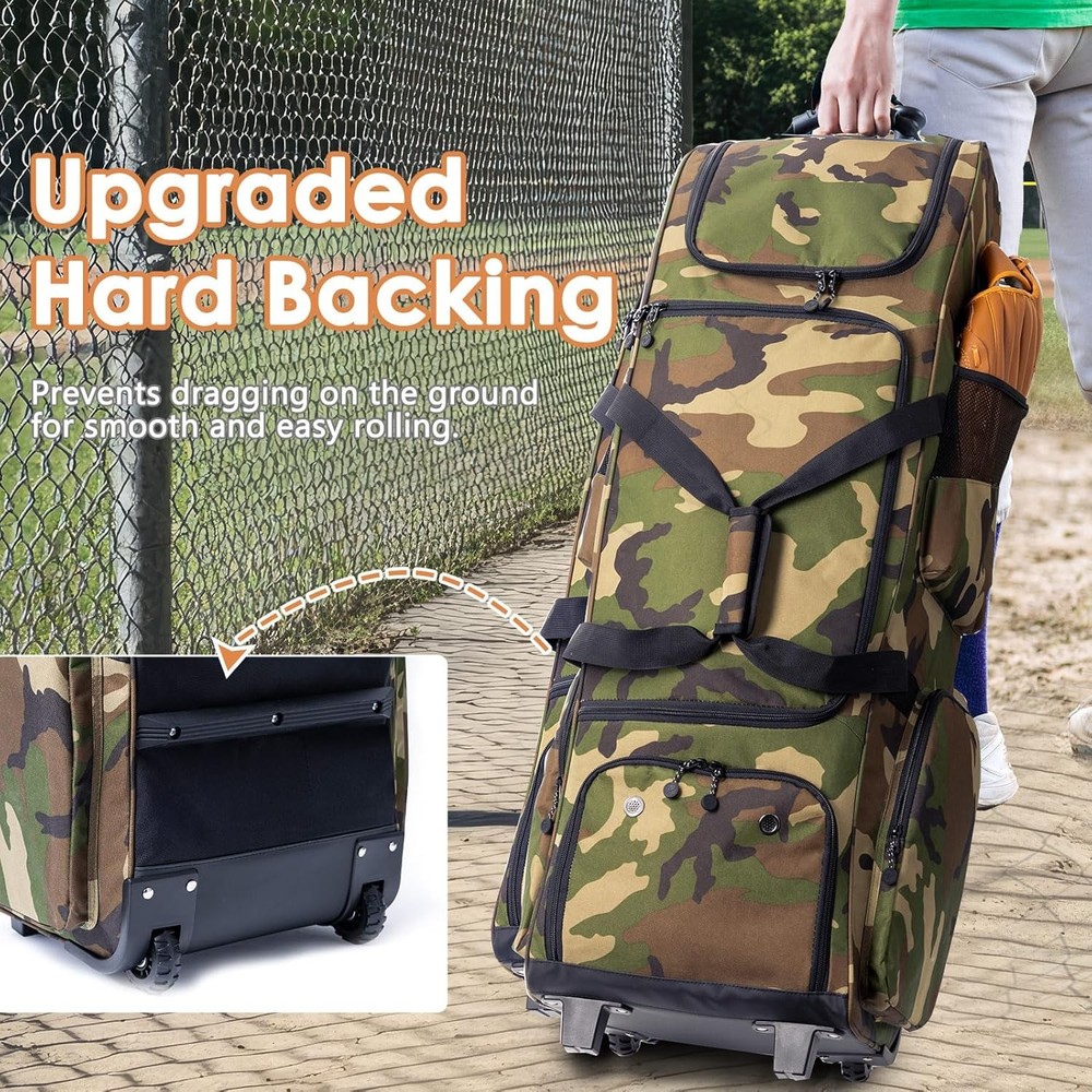 Upgraded Rolling Baseball Bag with Sturdy Hard Backing - Large Softball Bag with