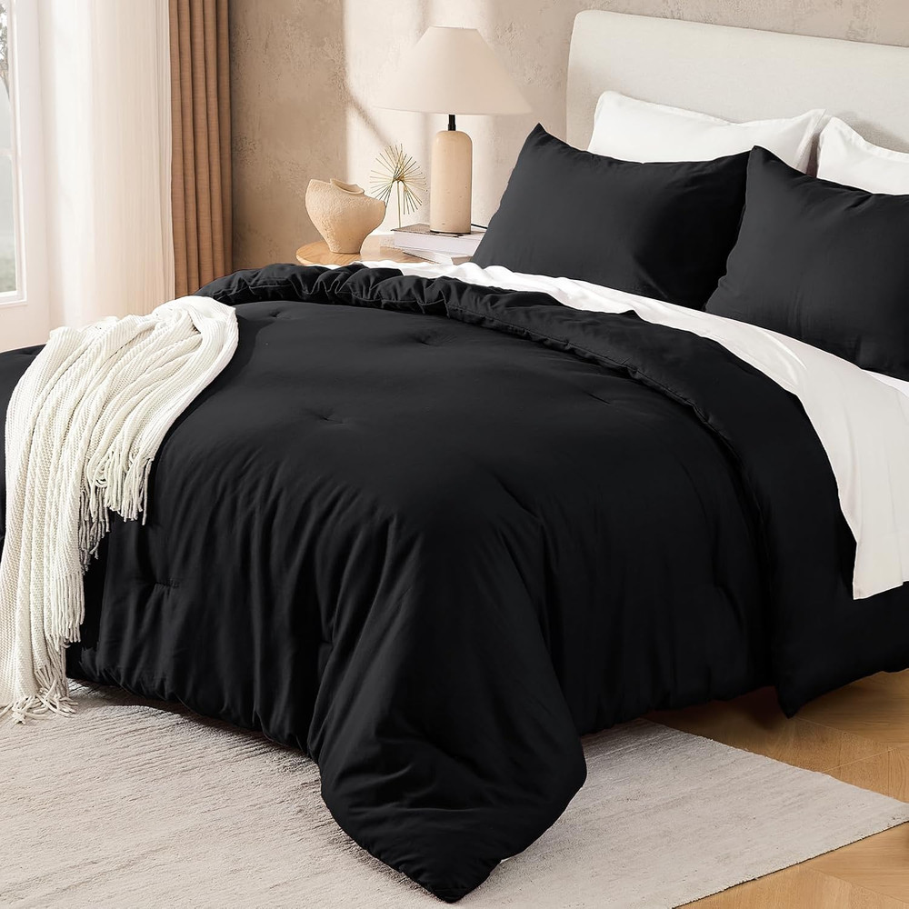 Black Full Size Comforter Set, 3 Pieces Fluffy Solid Bedding Comforters & Sets,