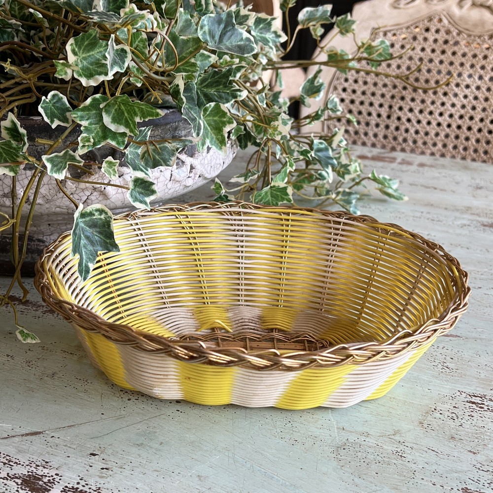 Yellow and Gold Oval Plastic Basket Boho Retro