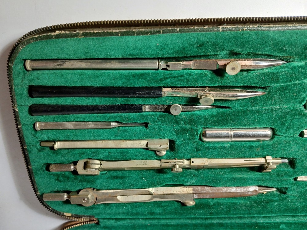 13 Piece Large Vintage Antique German Drafting Set Compass Germany Drafting Set