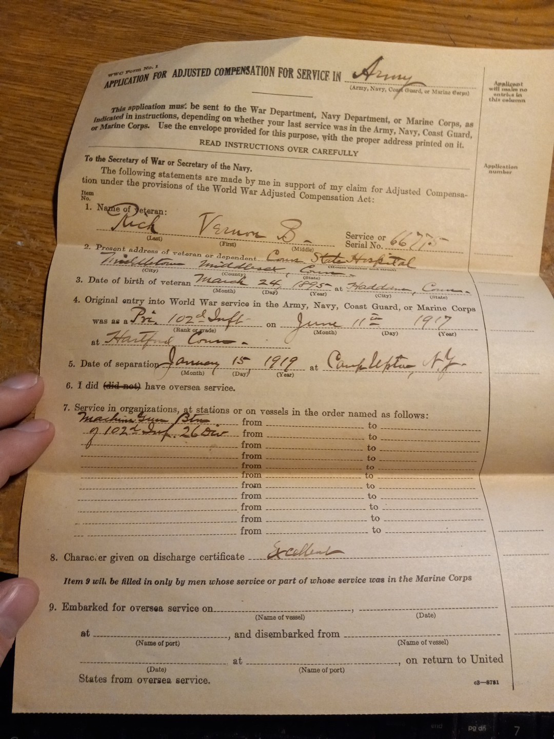 WWI Vernon B.Rich Connecticut 102nd Inf. 26th Div. App for Adjusted Compensation