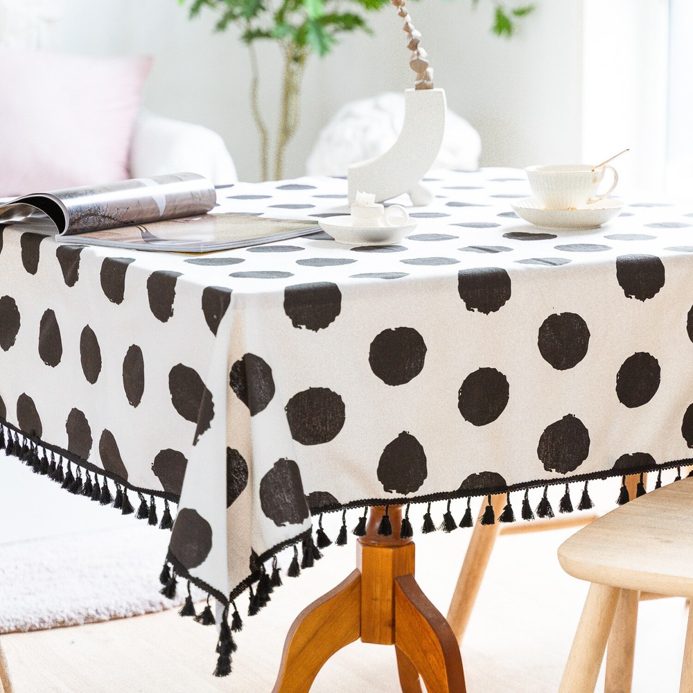 Round Tablecloth Tassel Black White Printed Oval Dot Rectangular Table Cloth