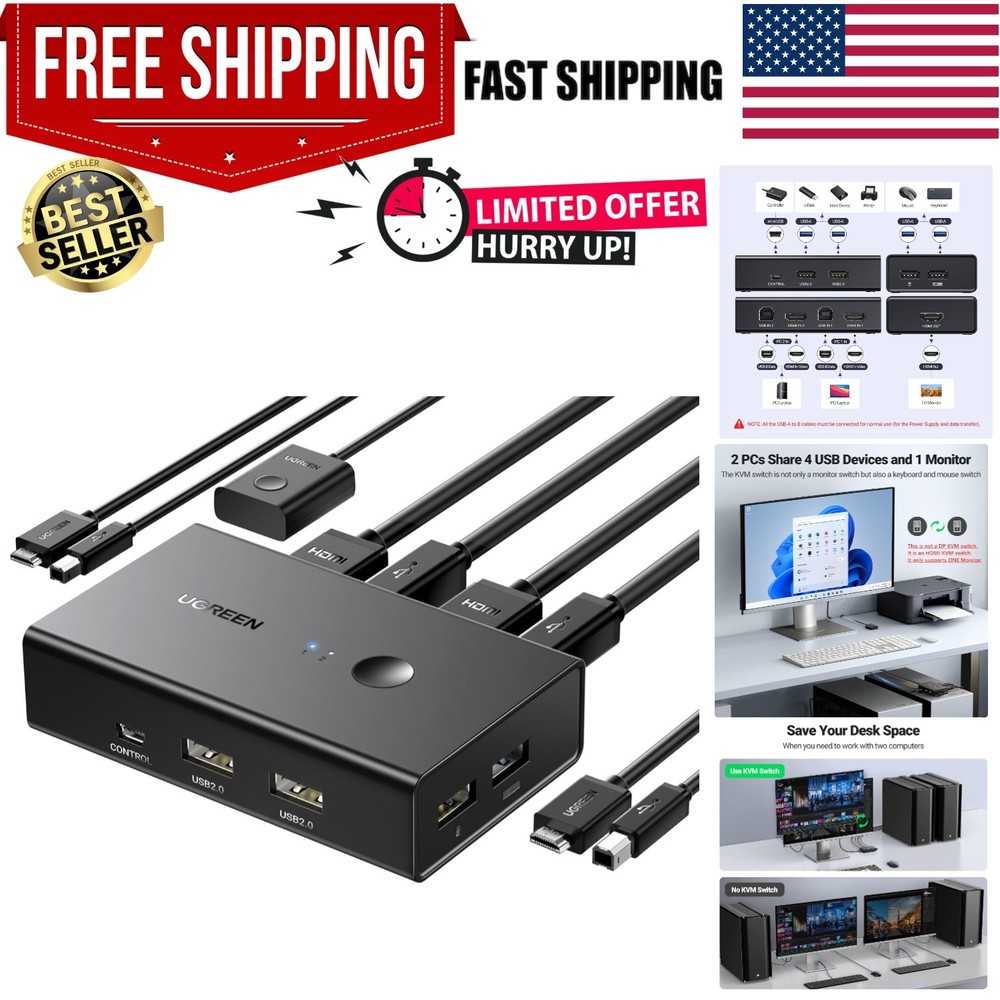 Effortless Workspace Management: HDMI KVM Switch for Two Computers - 4K Support