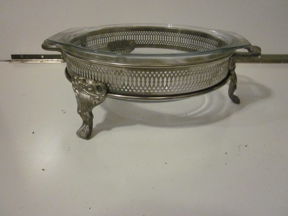 Vintage Footed Casserole Bowl Holder Silver Plate MARINEX INSERT 3.75" X 12"