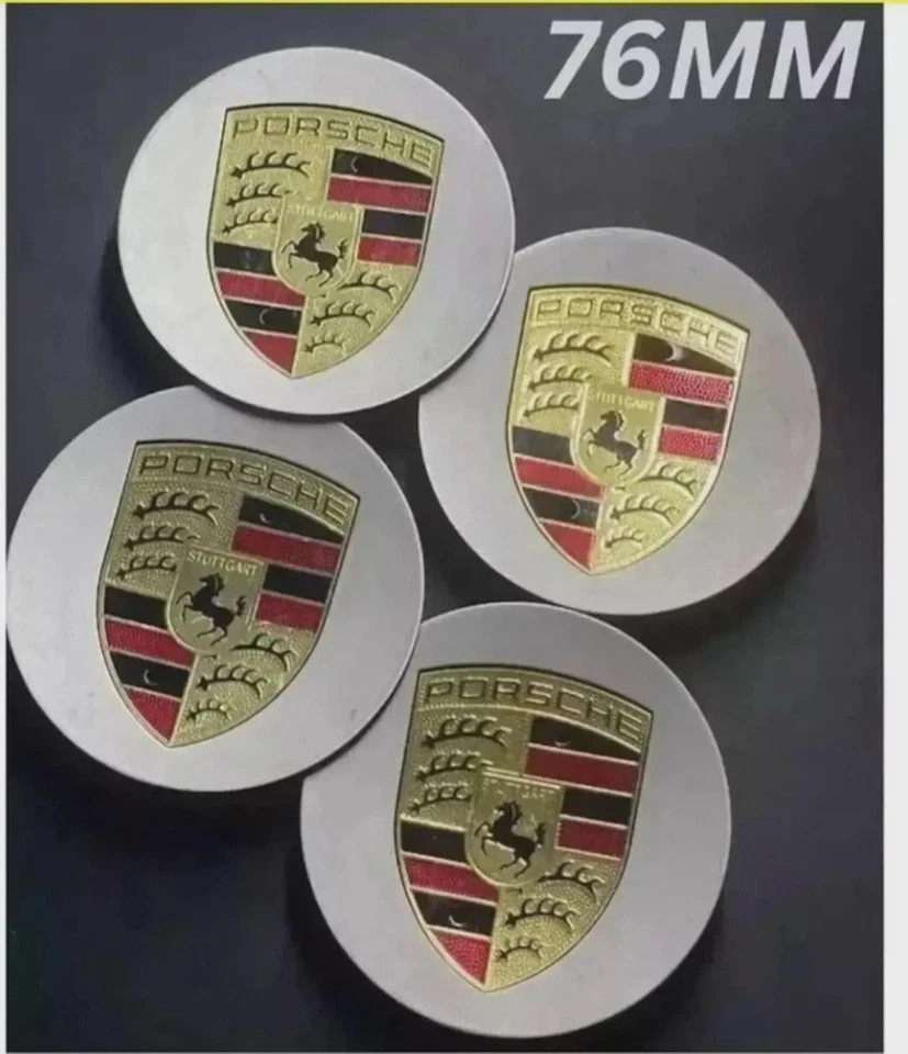 4 Porsche Silver Center Caps Concave 76mm Royal Crest 992 cayenne ,911, Carrera,