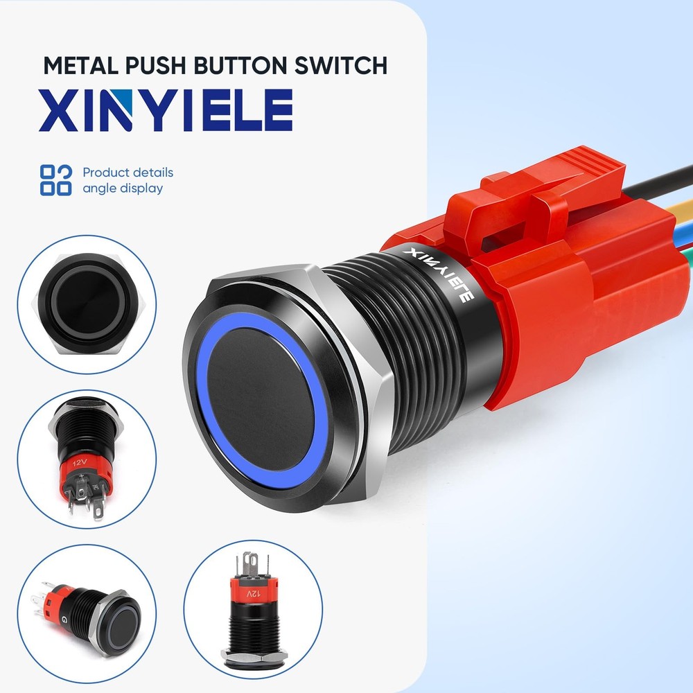 XINYIELE 16MM Latching 12V Push Button Switch On Black Shell, Blue LED