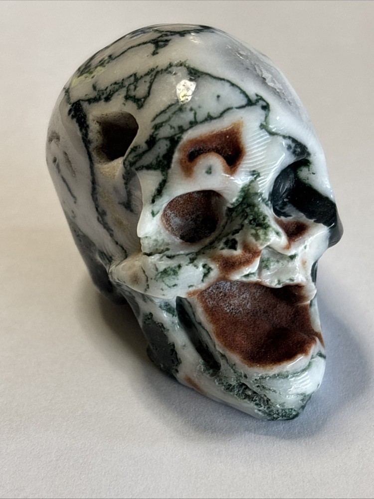 1.8" Geode Moss Agate Crystal Skull Figurine