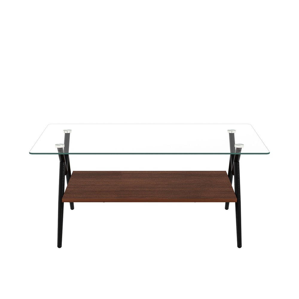 Rectangular coffee table with tempered glass top and black metal legs