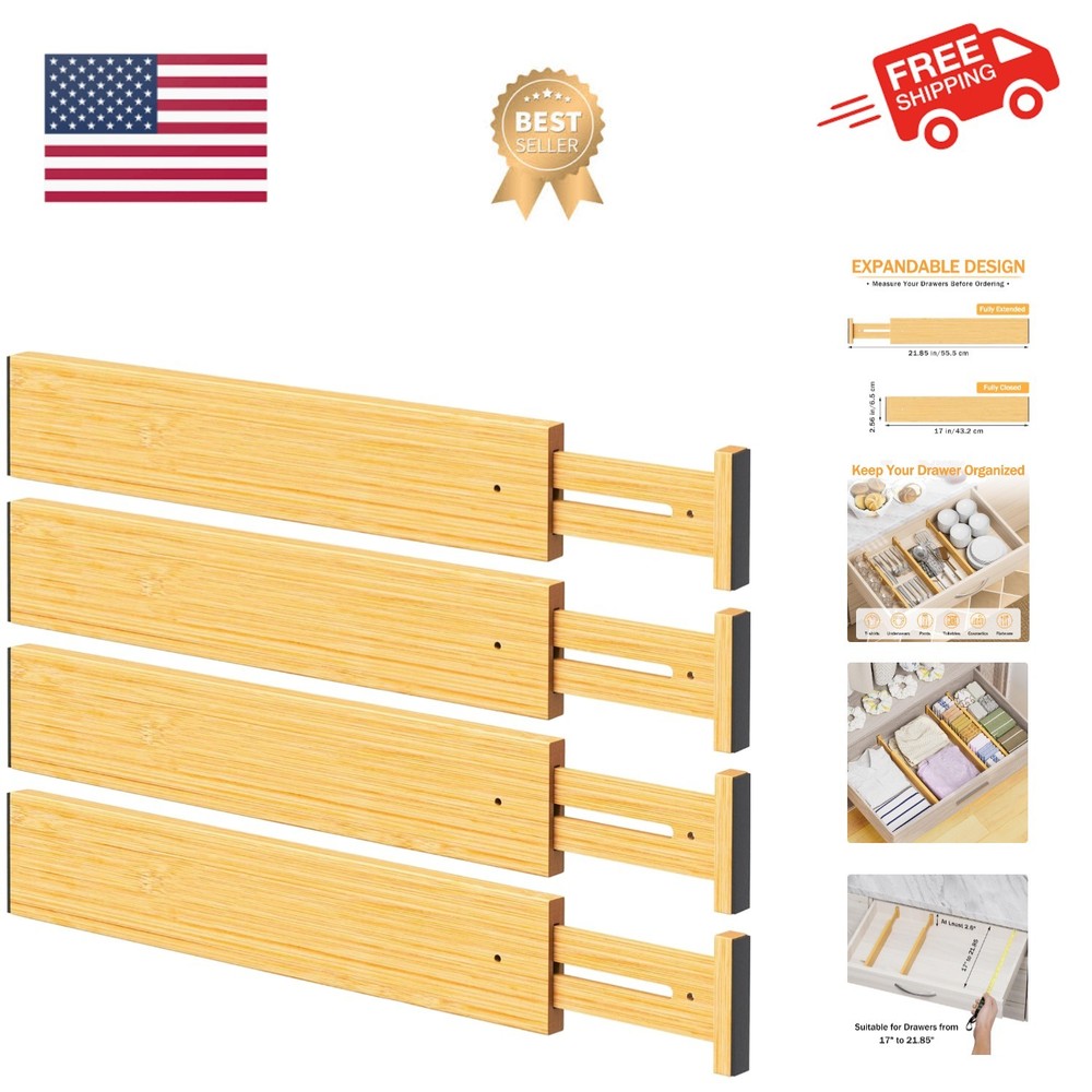 Expandable Bamboo Drawer Separators, Adjustable for Clothes & Utensils - 4 Pack