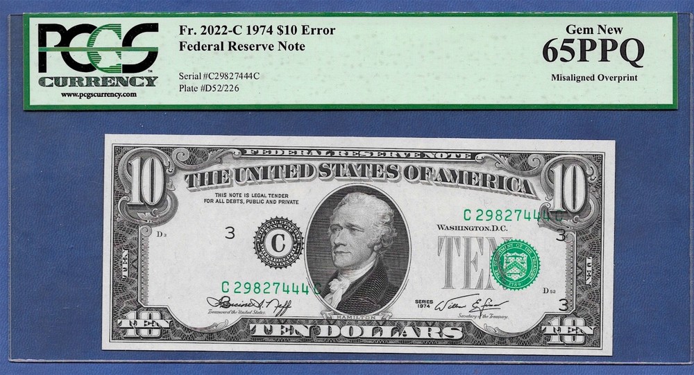 🇺🇸 1974 $10  ERROR  ♚♚MISALIGNED OVERPRINT♚♚  PCGS GEM NEW 65 PPQ