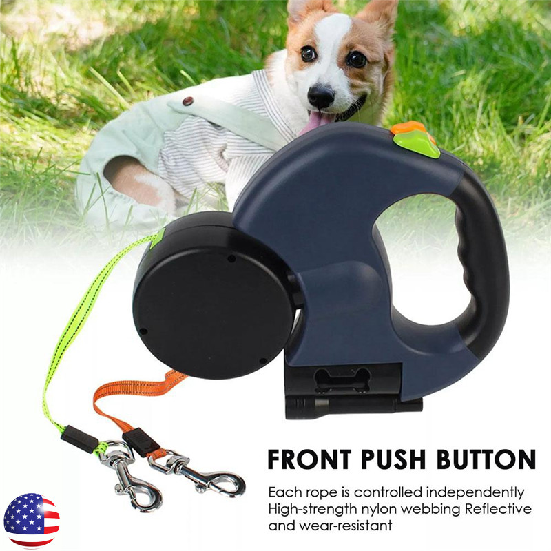 Retractable Reflective Dual Pet Leash Lead 360Swivel Double Dog Walking Leash A+
