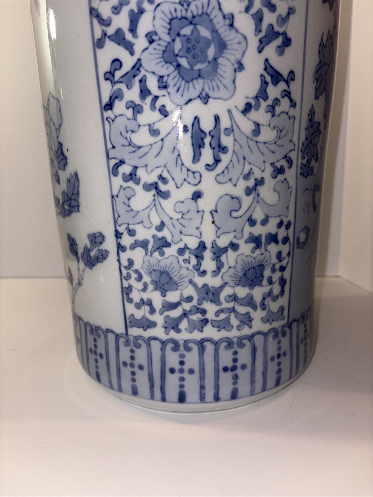 Vintage Umbrella Stand Blue and White Greek Key Chinoiserie Birds Chinese 18”
