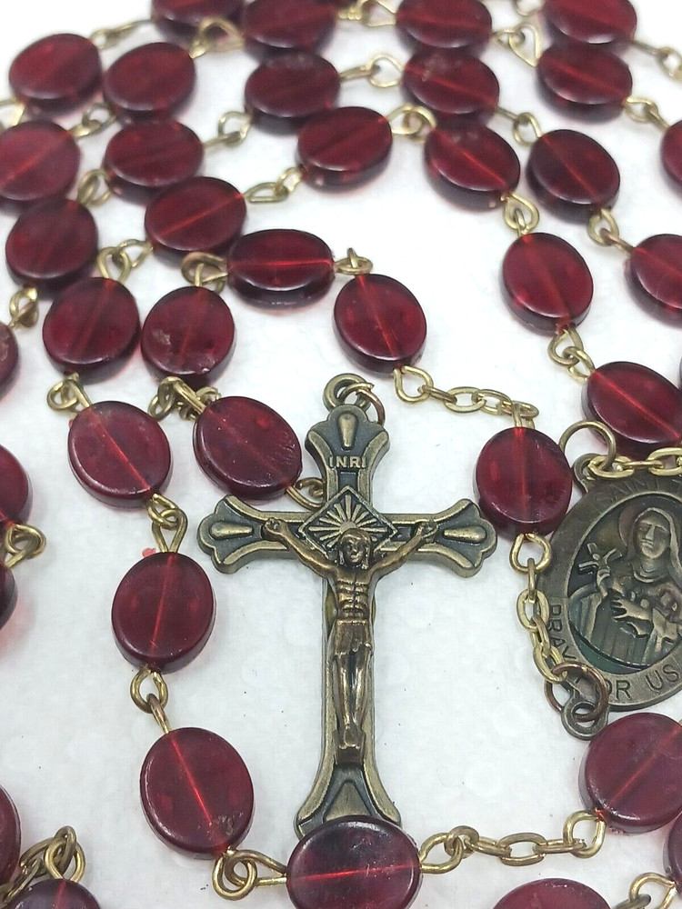 Catholic Rosary Cross Brownish / Red Flat Oval Beads Gold Tone #J1-LtG