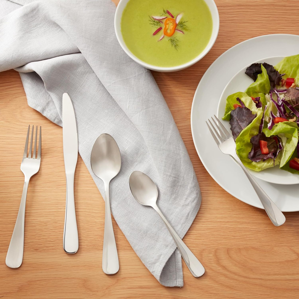 Amazon Basics Silverware Set, Stainless Steel Flatware, Dishwasher Safe, Service