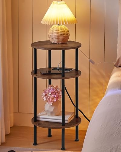 Round Side Table with Charging Station, Small Round End Rustic Brown + Black