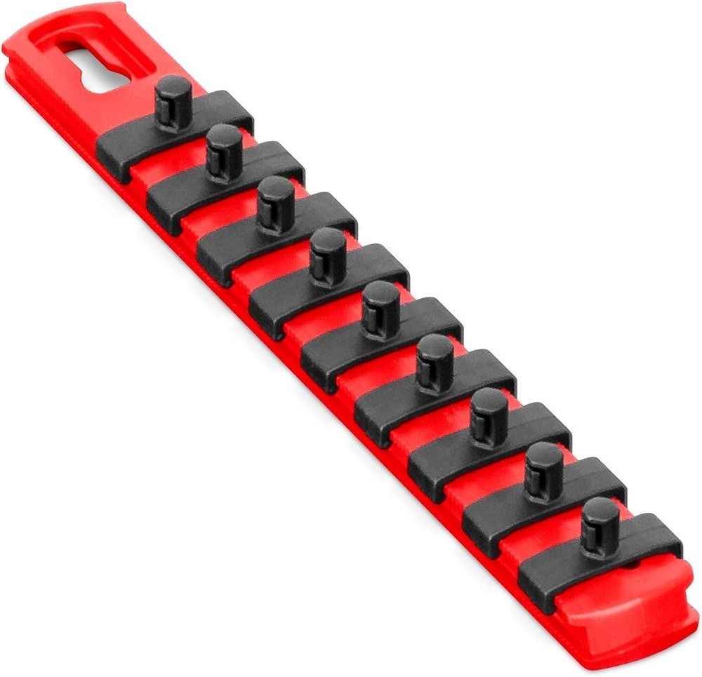 Compact 8-Inch Red Socket Organizer with Twist Lock Clips for Efficient Storage
