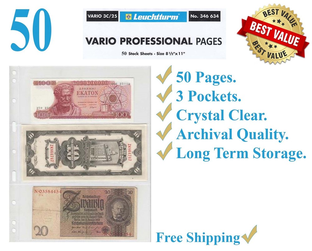 50 Lighthouse Vario 3C Pages 3 Pockets Clear Album Sheets Modern Currency Stamp