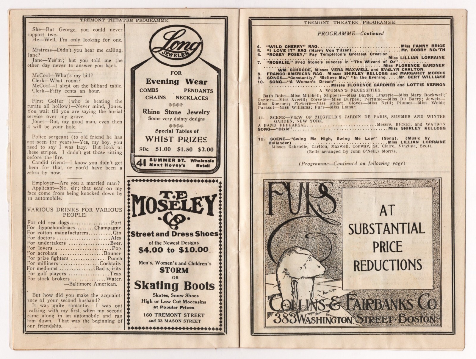 Fanny Brice (Debut) "ZIEGFELD FOLLIES of 1910" Bert Williams 1911 Boston Program