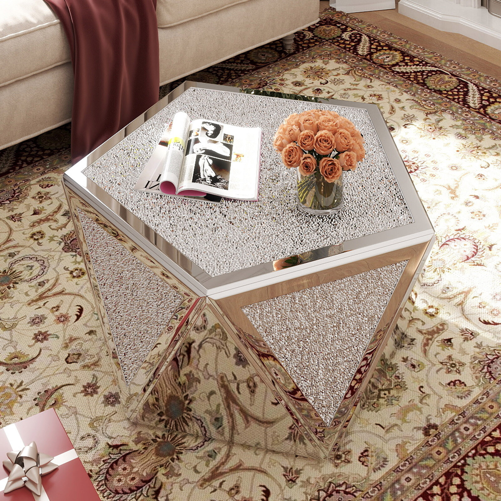 Silver Pentagonal Mirrored Coffee Table Side Table with Crushed Diamond Tabletop