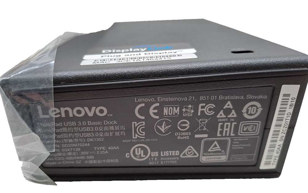 LENOVO THINKPAD USB 3.0 BASIC DOCK P/N 40AA0045US