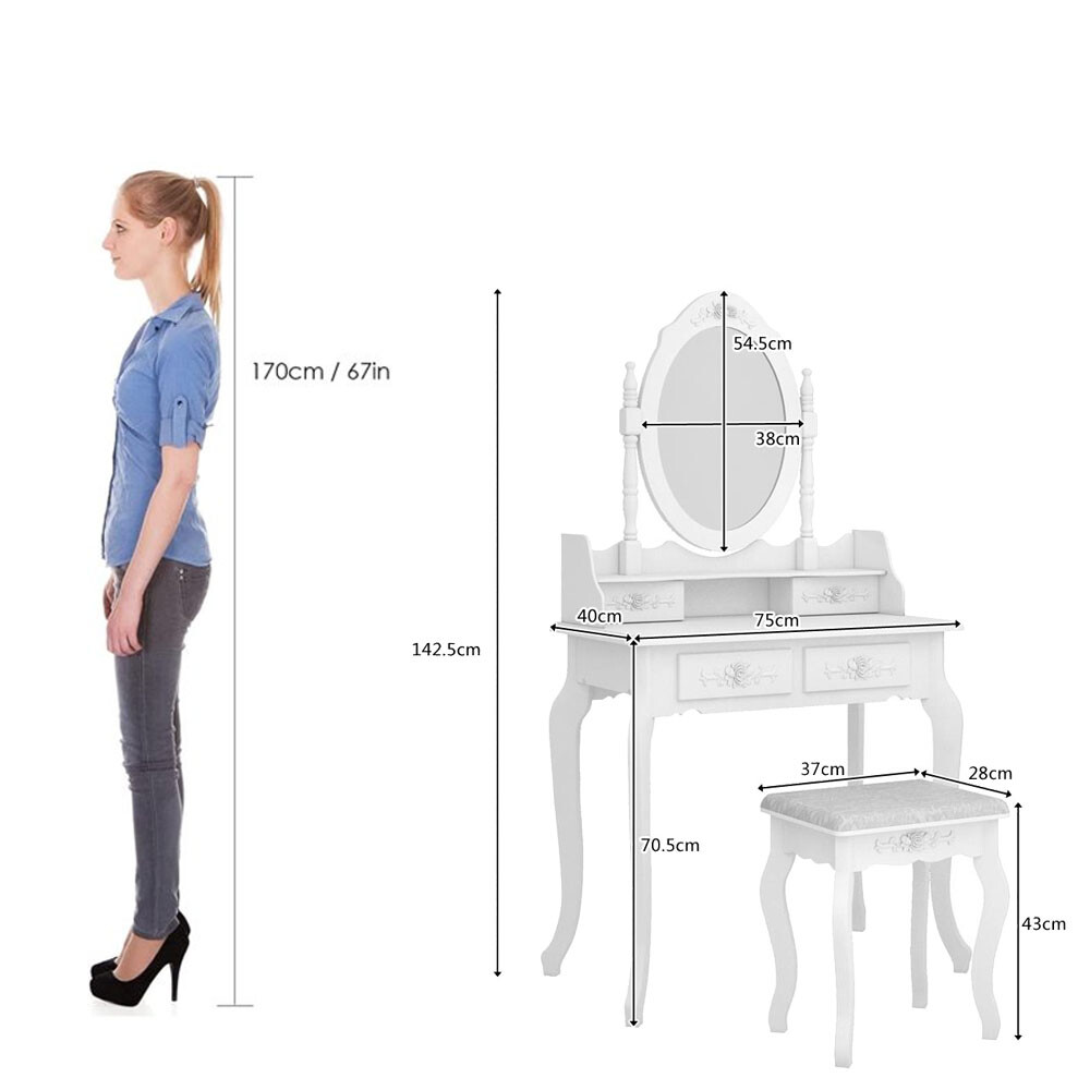 White Vanity Dressing Table Set With Mirror Stool 4 Drawers Makeup Desk Bedroom