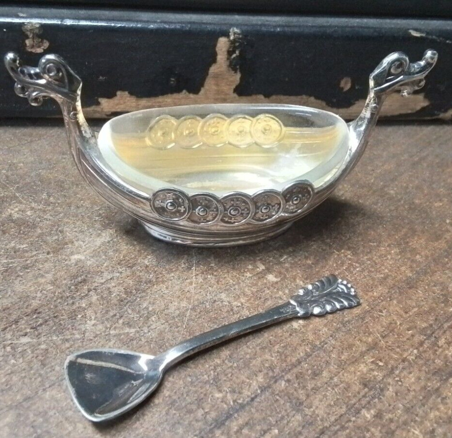 Theodore Olsen Norway Gilt Sterling Silver Viking Salt Cellar w/ Spoon
