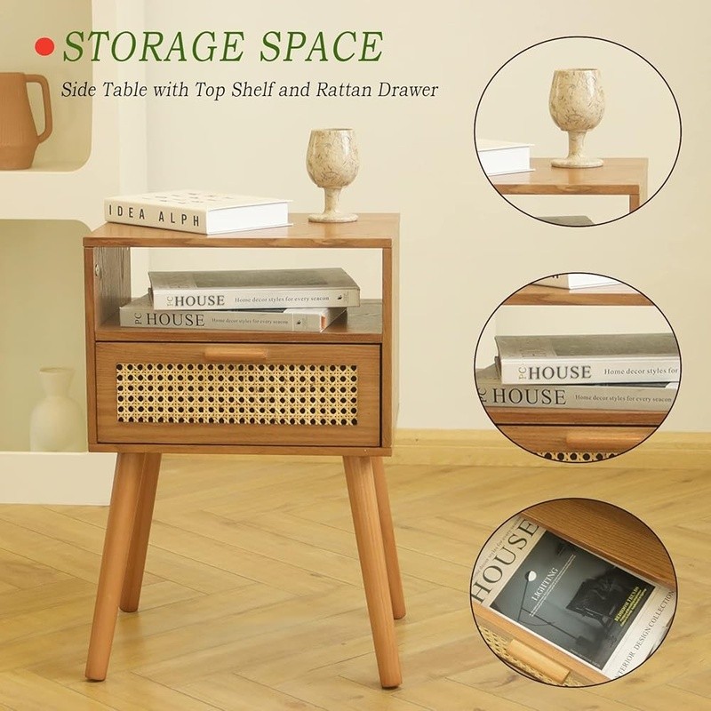 Modern Rattan Drawer Nightstand Solid Wood Side Table W/ Two-Tier Storage New