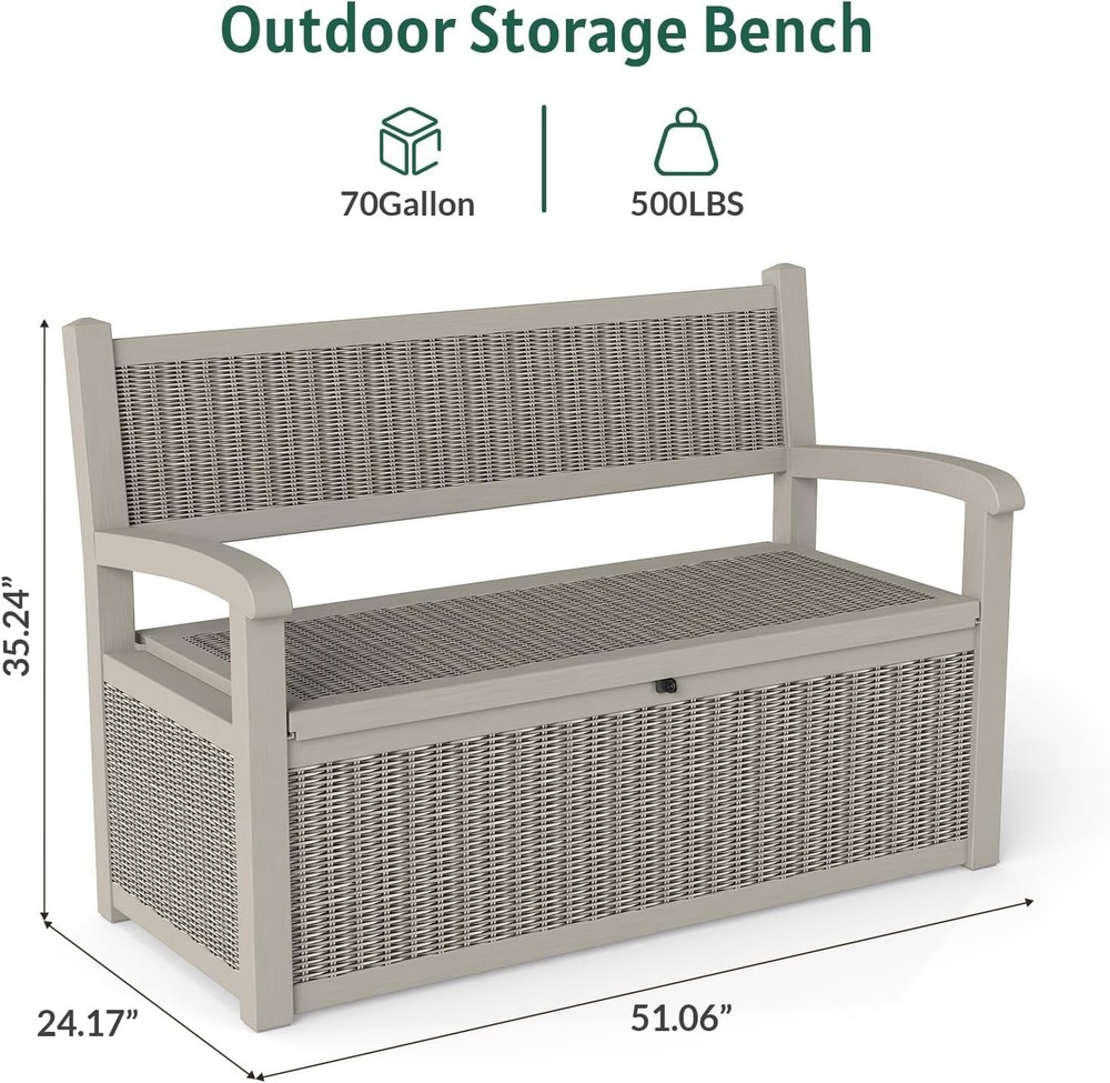 70 Gallon Storage Bench Deck Box,Patio Storage Benches with Armrest Lockable ...