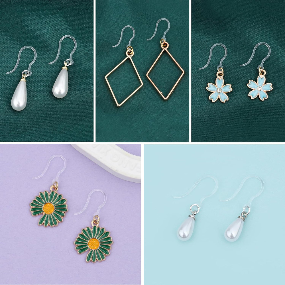 50Pcs Clear Plastic Earring Hooks - Non-Allergenic for Sensitive Ears, Compon...