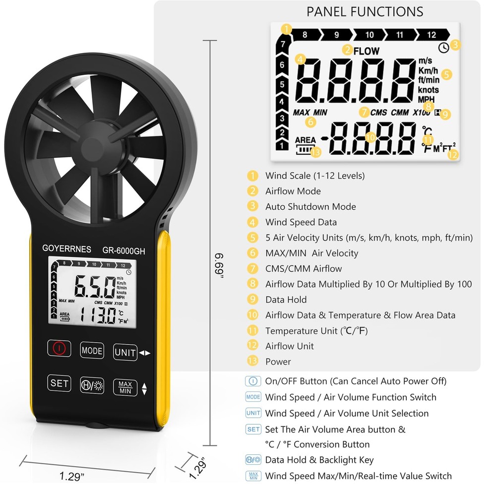Handheld Anemometer CFM Meter, Rechargeable Digital Air Flow Wind Speed Gauge...