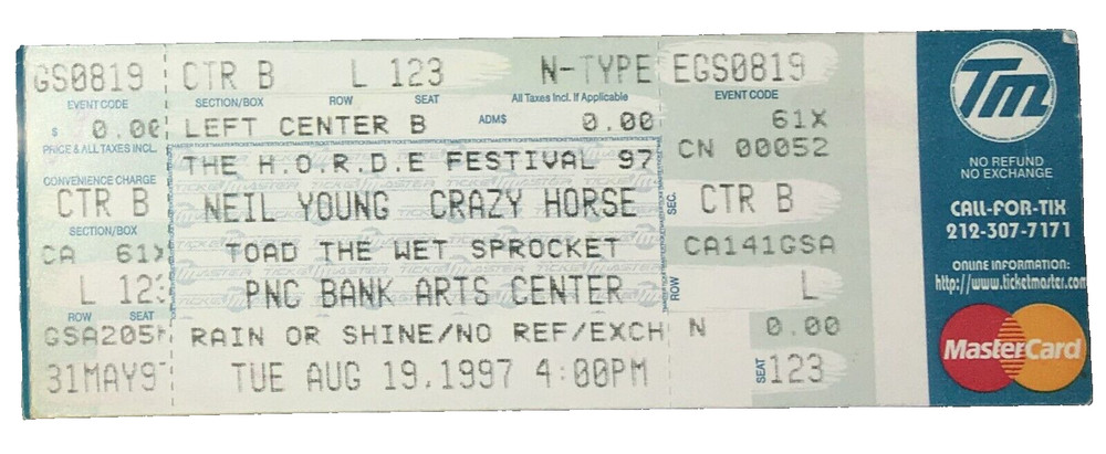 NEIL YOUNG & CRAZY HORSE HORDE TICKET STUB PNC NJ TOAD THE WET SPROCKET