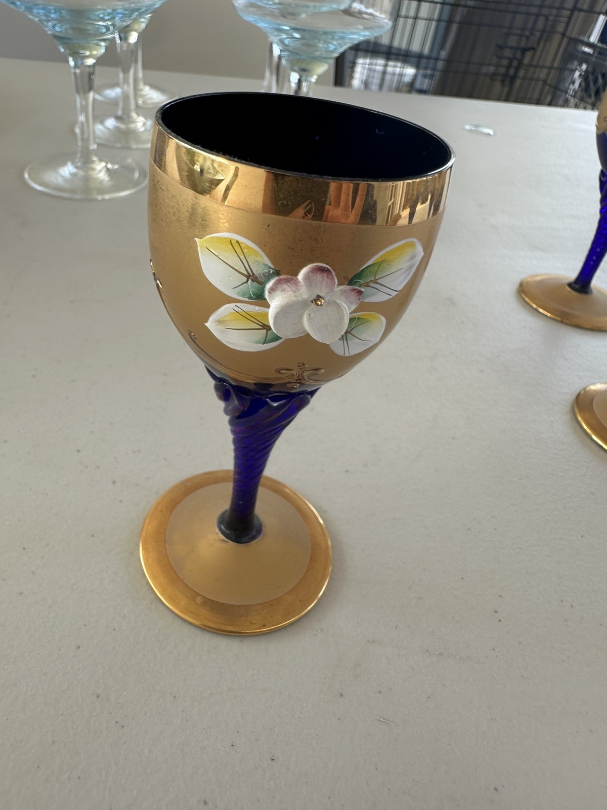 Antique Bohemian Moser Cobalt Blue Enamel Flowers Decanter & 6 Glasses Set