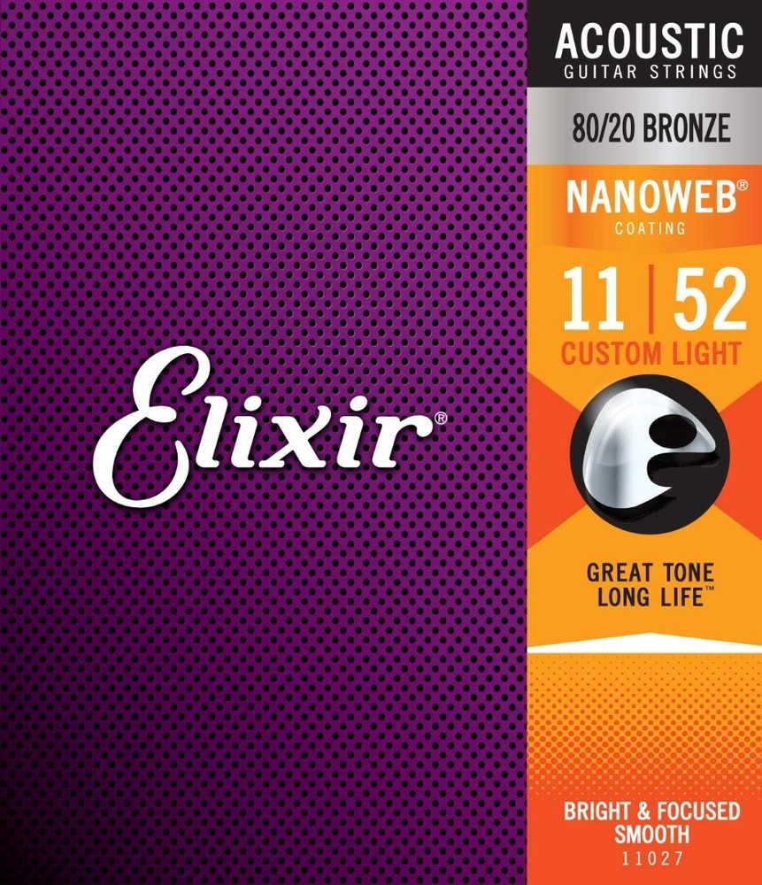 Elixir 80/20 Bronze Acoustic Guitar Strings NANOWEB Custom Light .011-.052