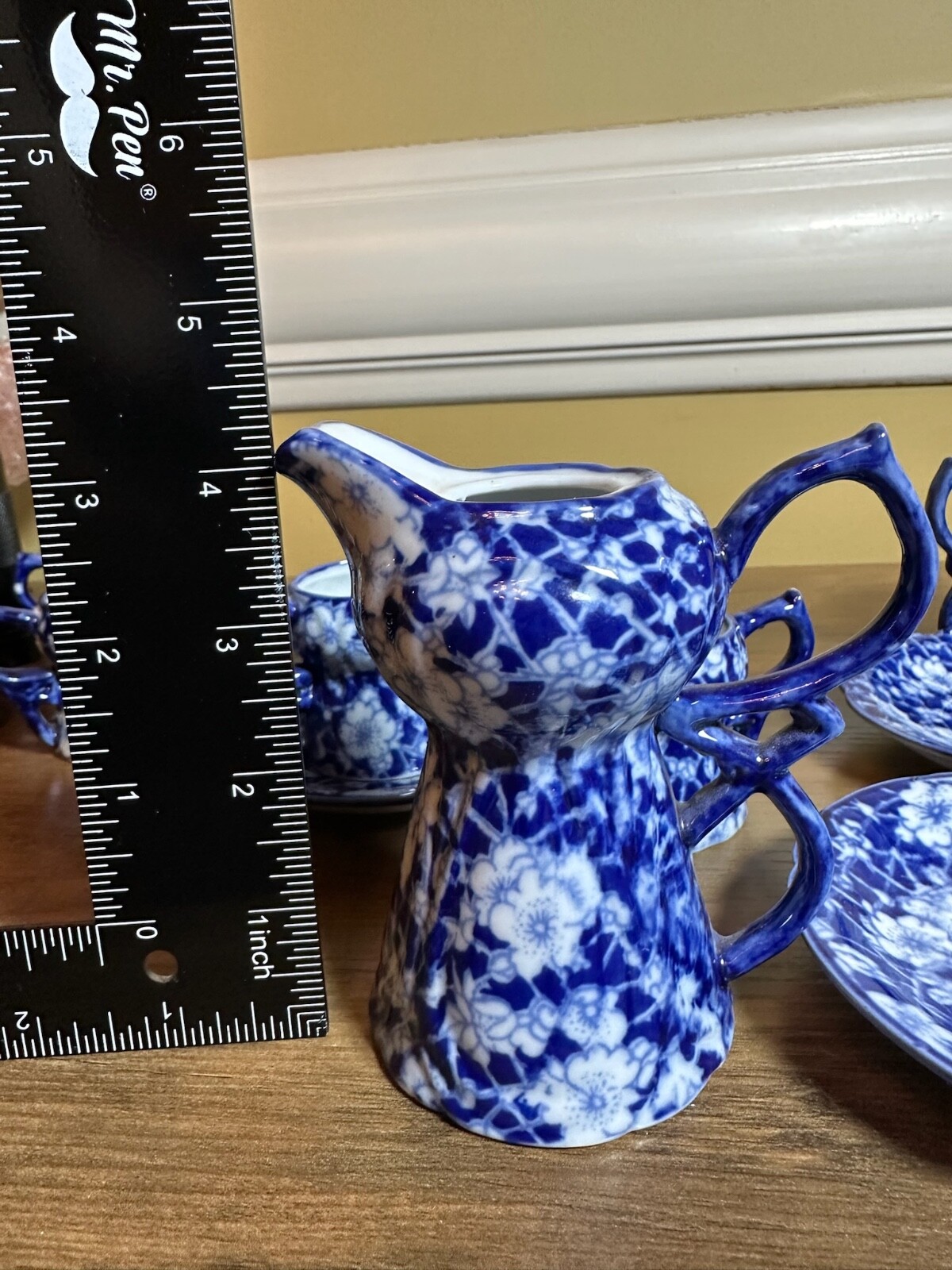 Victoria Ware Stoneware Small Tea Cups Saucers Sugar Creamer Cobalt Flue Floral