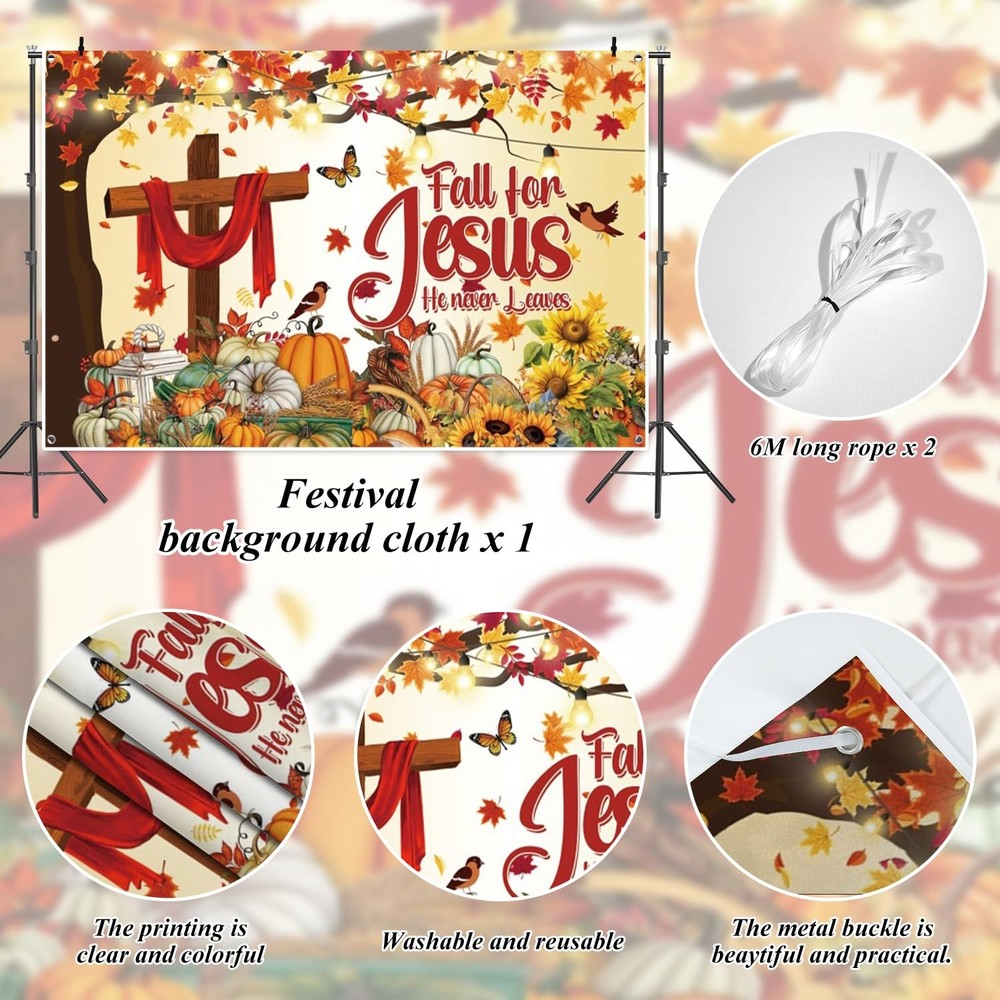Fall for Jesus Backdrop Banner He Never Leaves Thanksgiving Backdrops for Wal...