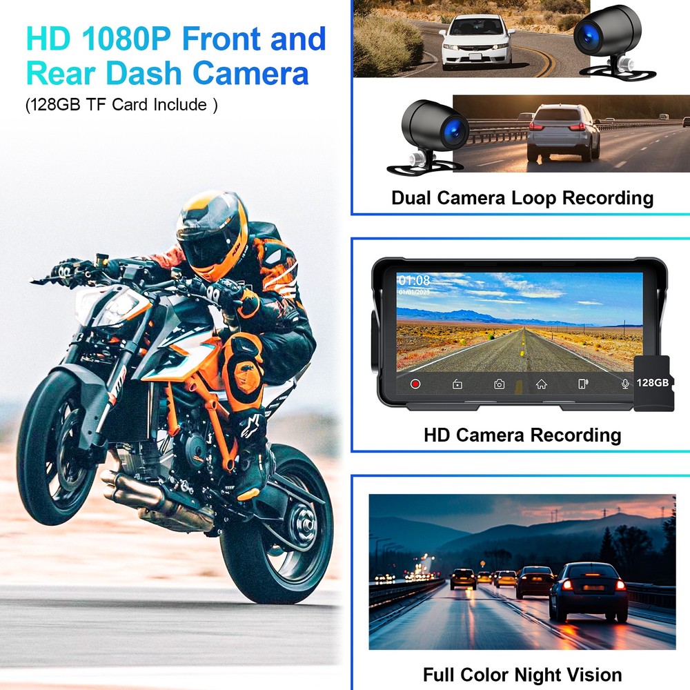 Motorcycle Dash Cam Front Rear 5.5" Wireless Carplay Android Auto Touchscreen