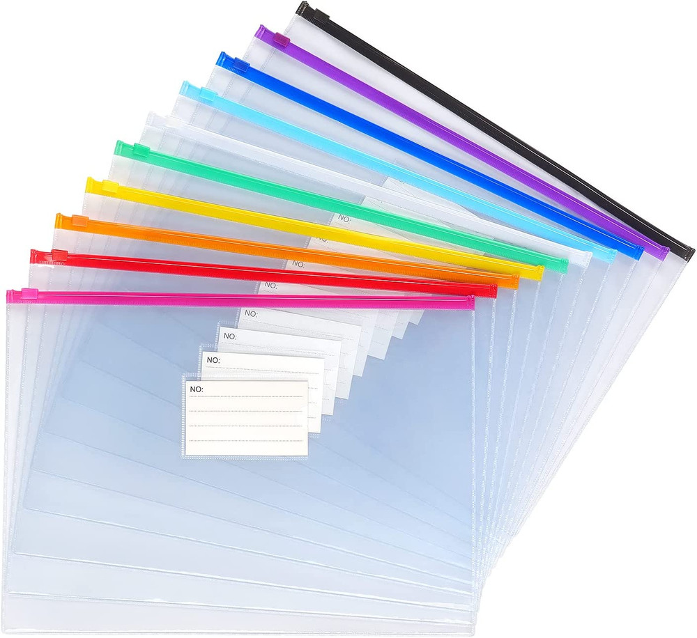 Tamaki 10 Pack A4 Plastic Zip Envelopes - Multi-Color Zipper Folders