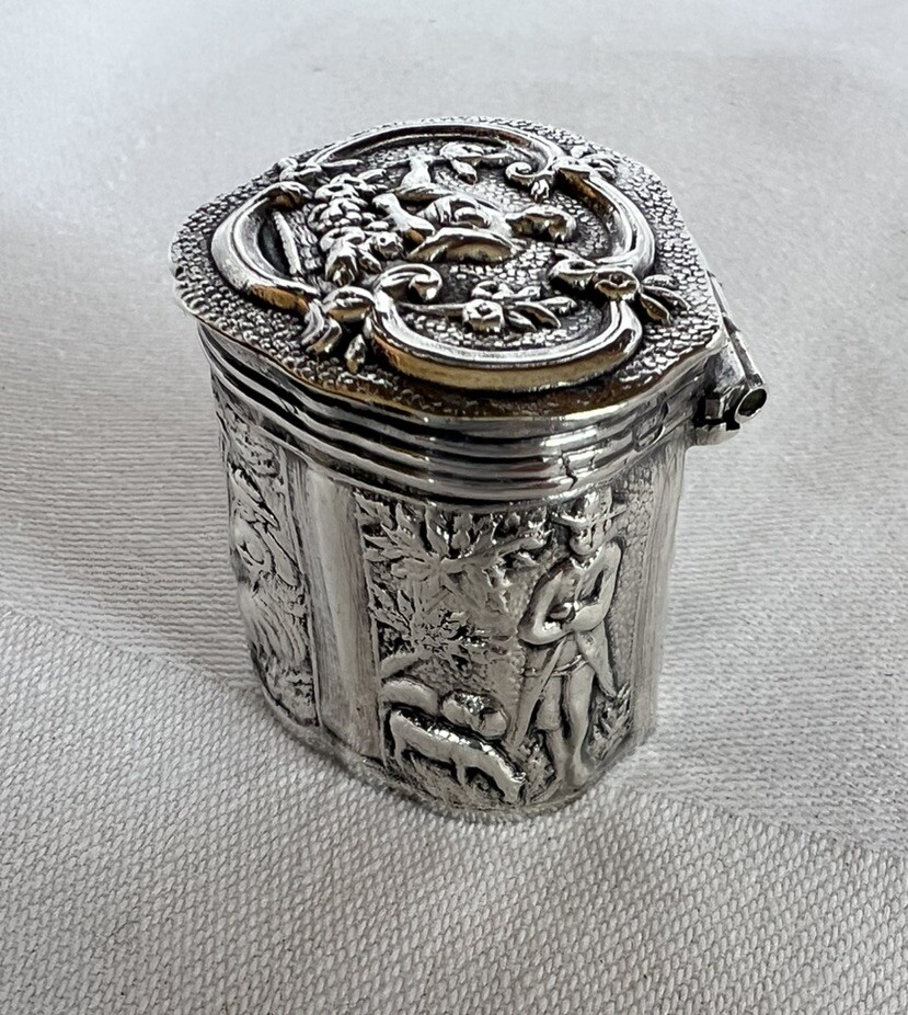 Antique 19th C Dutch Sterling Silver Repousse Pill Box